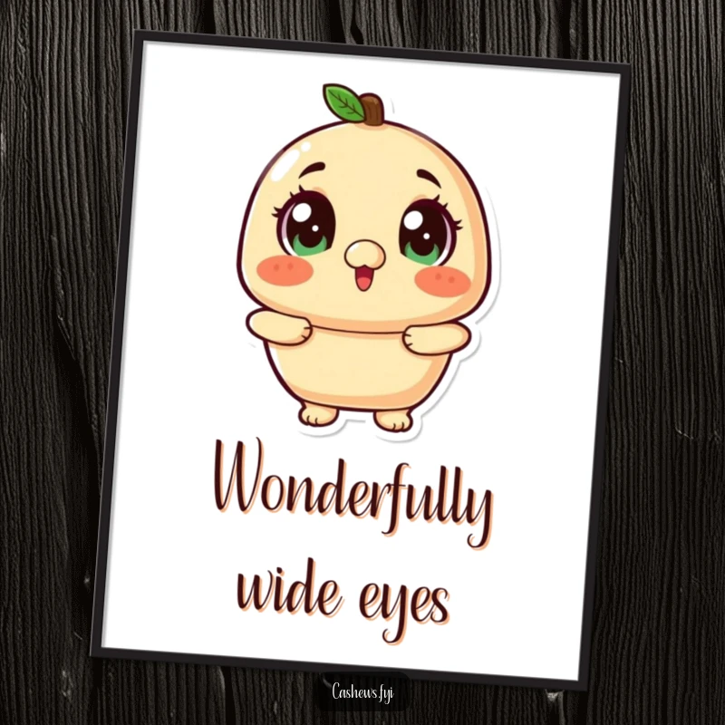 Funny kawaii cashew with wide, twinkling eyes looking up excitedly on digital art.