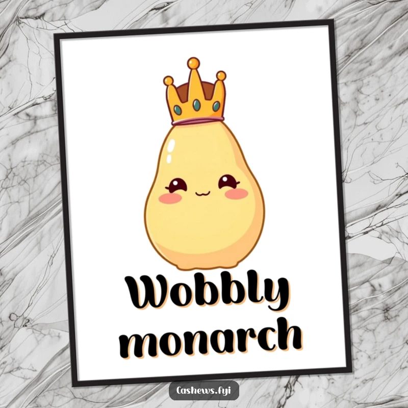 Funny digital art print of a cashew wearing a tiny crown, looking regal but comically wobbly and ready to amuse.