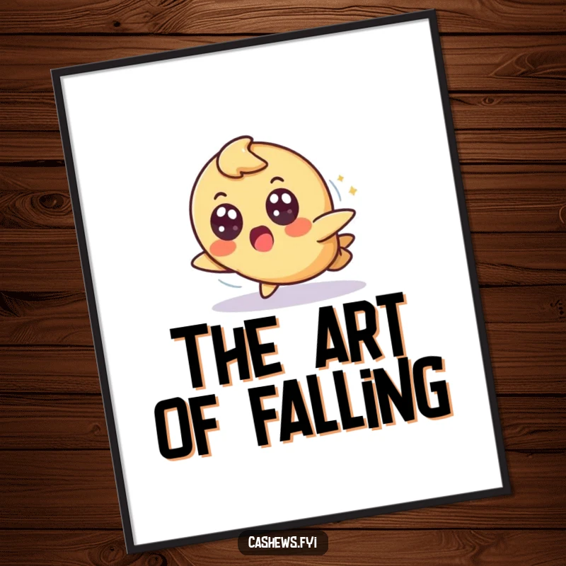 Funny digital art print of a cashew character tripping slightly but landing gracefully with a surprised, wide-eyed expression, ready to add humor.