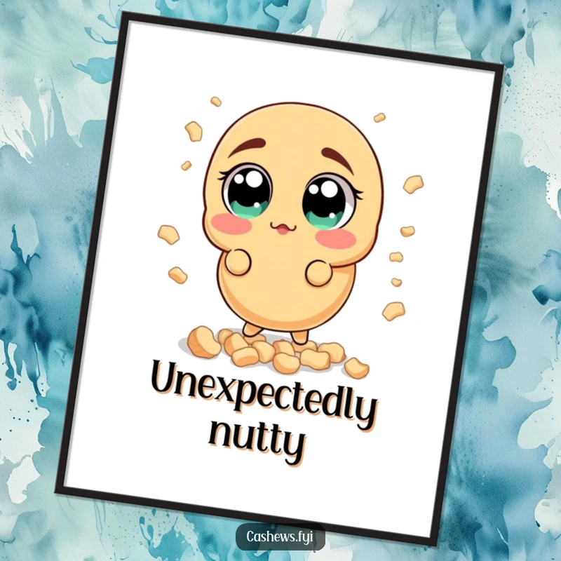 Funny surprised cashew digital art print of a nut with wide, astonished eyes reacting to a shower of cashew bits, perfect for humorous decor.