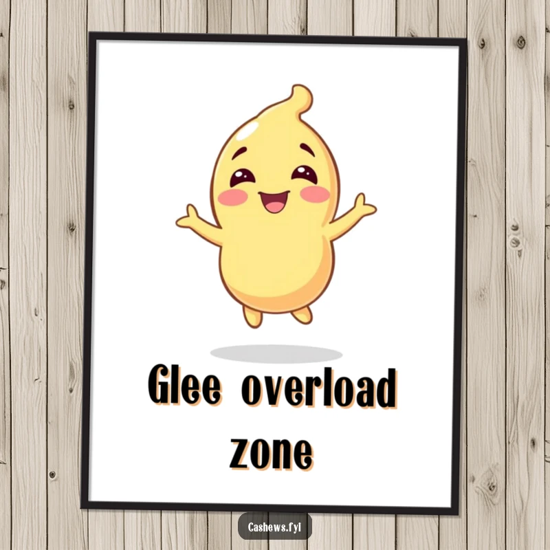 Funny digital art print capturing a cashew character bouncing with pure, unadulterated glee and infectious happy energy.