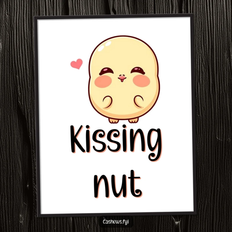 Funny Kawaii Cashew Digital Art: A printable featuring a cashew character with rosy cheeks puckering for a kiss, offering instant humor.