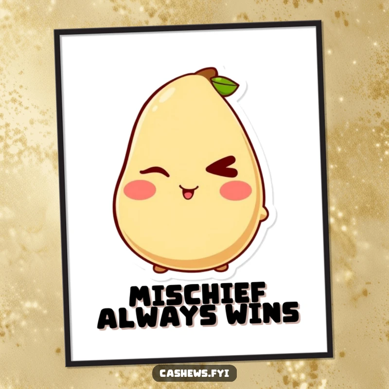 Funny digital art of a kawaii cashew character giving a mischievous wink and blush, perfect for playful decor.