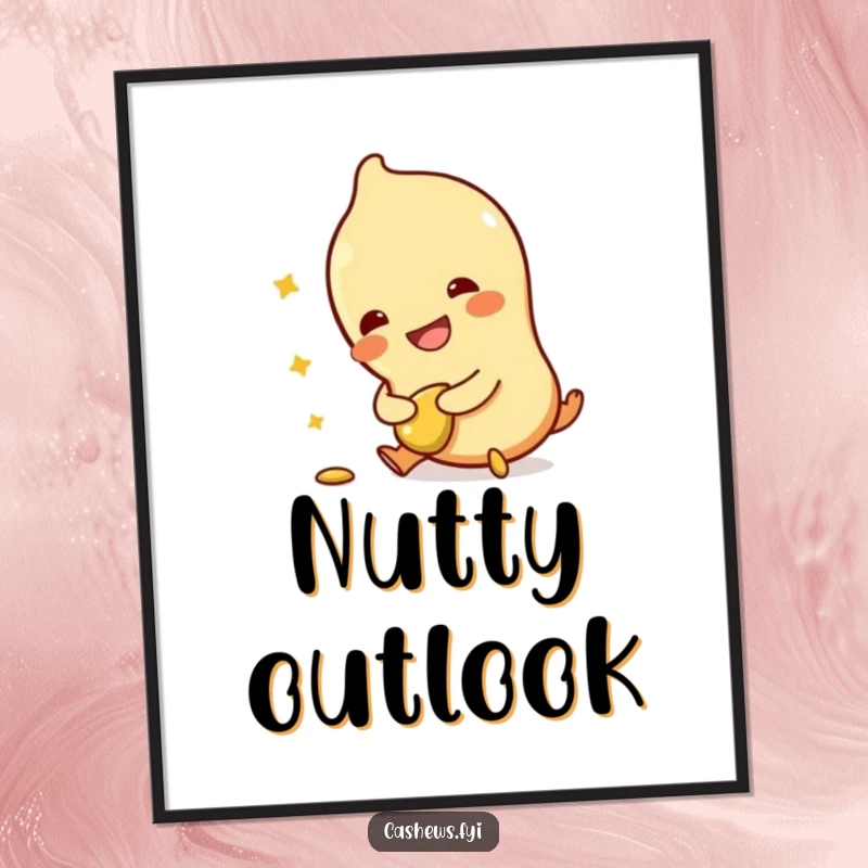 Funny digital art print of a cashew character tripping, clutching a broken cashew, laughing, offering instant humorous wall decor.