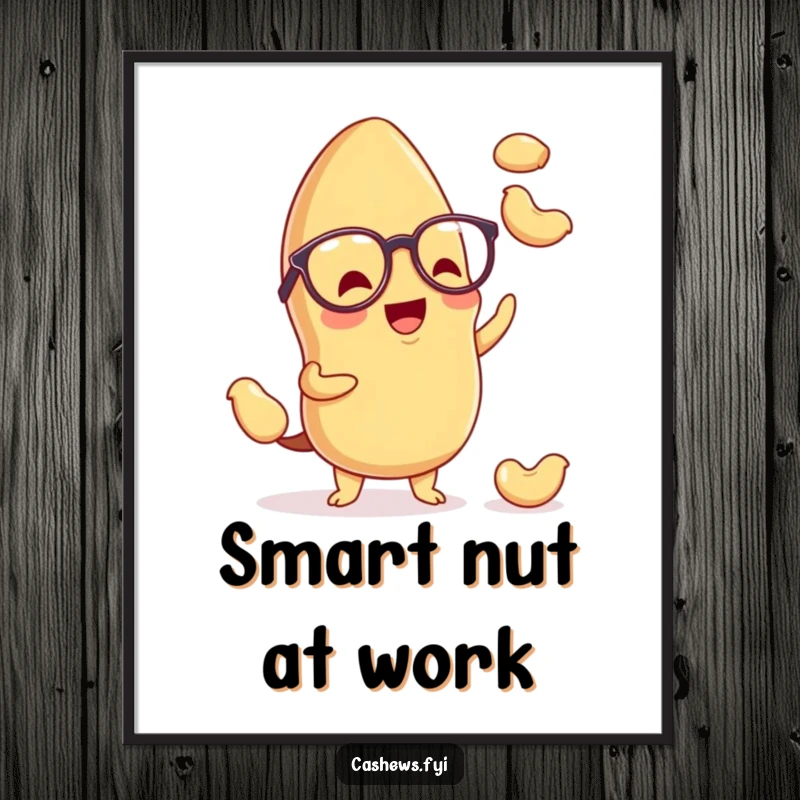 Funny kawaii cashew digital art print of a cute nut with spectacles, joyfully juggling miniature cashews, perfect for adding charm.