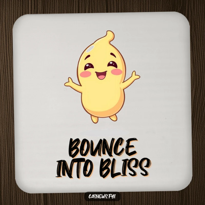 Funny drink coaster featuring a cashew character bouncing with infectious glee, protecting surfaces with style.