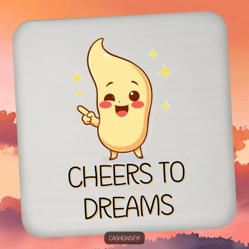 Funny drink coaster with an excited cashew character pointing at a sparkling, imaginary cashew, adding a touch of whimsy.