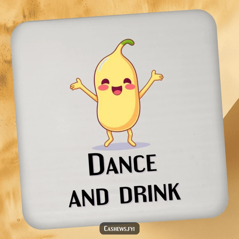 Funny set of 4 coasters with a Kawaii cashew doing a silly dance with limbs flailing joyfully, offering joyful table protection.