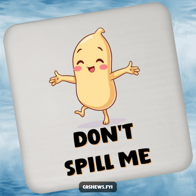 Funny drink coaster showcasing a cashew character hilariously balancing on one leg with arms comically outstretched.