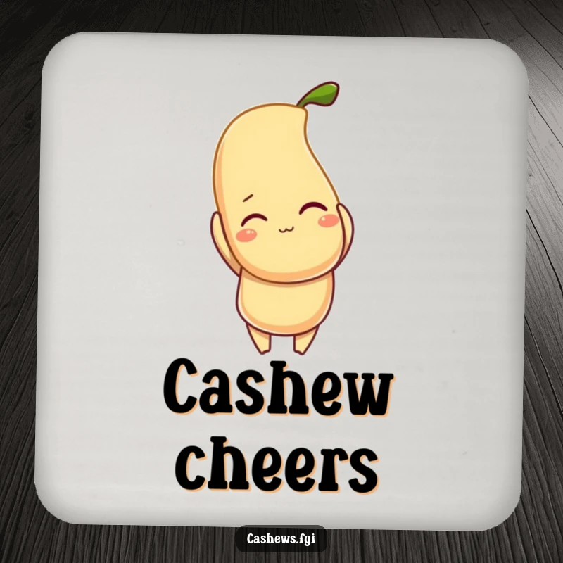 Funny drink coaster featuring a winking cashew character holding a large, luminous cashew, adding nutty cheer to any beverage.