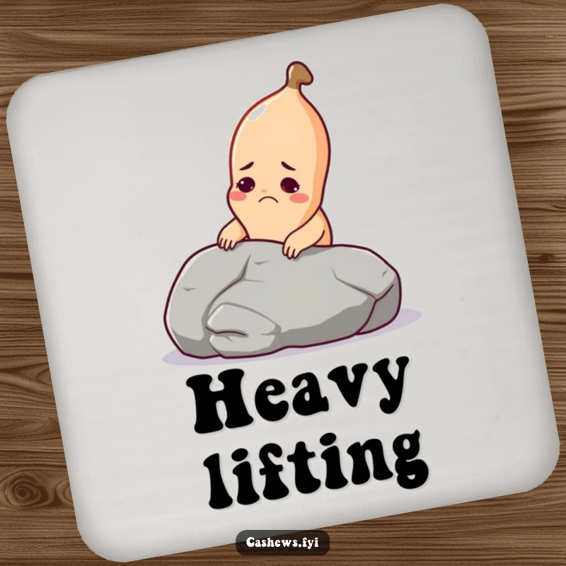 Funny cashew coaster featuring a cashew struggling to lift a large pebble, protecting furniture with humor.