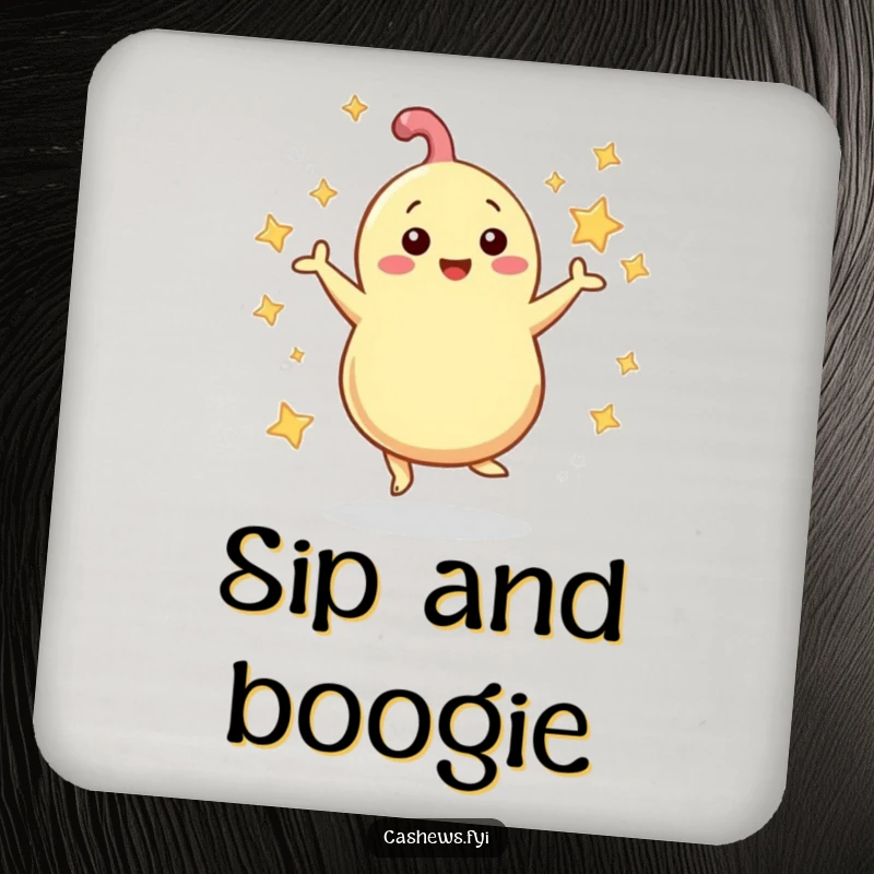 Funny Coasters: A cashew dances with swirling stars, adding vibrant and humorous flair to protect surfaces from drinks.