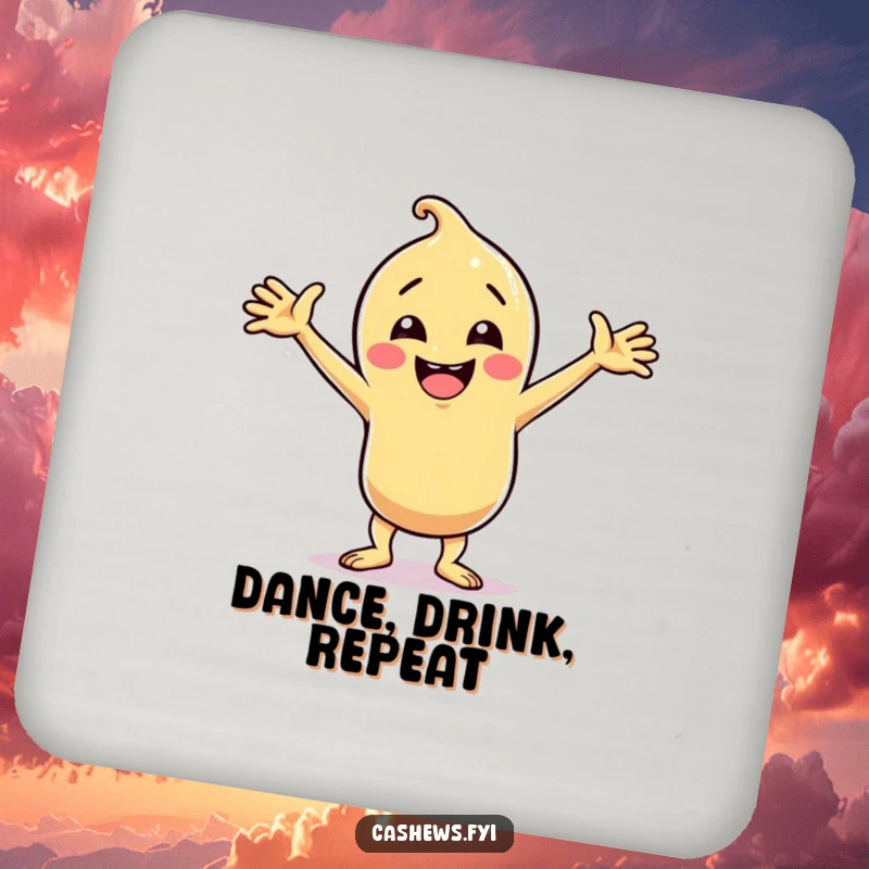 Funny cashew character in a silly dance pose with arms wide on a drink coaster, adding fun, perfect funny gift.