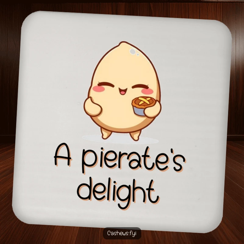 Funny drink coaster with a mischievous cashew nut winking and holding a tiny pie, offering protection with a humorous and sweet design.
