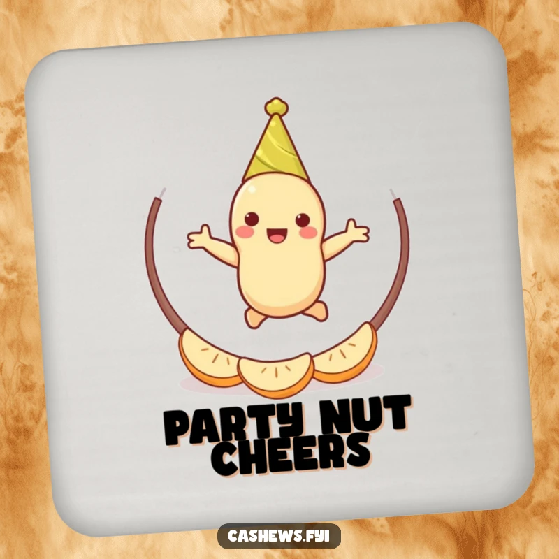 Funny cashew party drink coaster featuring a cheerful cashew character, jumping through a hoop of cashew halves, a fun table protector.