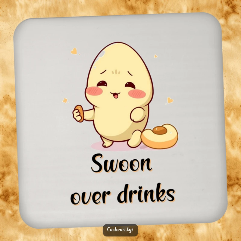 Funny cashew coasters with a character swooning over a snack, protecting furniture with dramatic nutty humor.