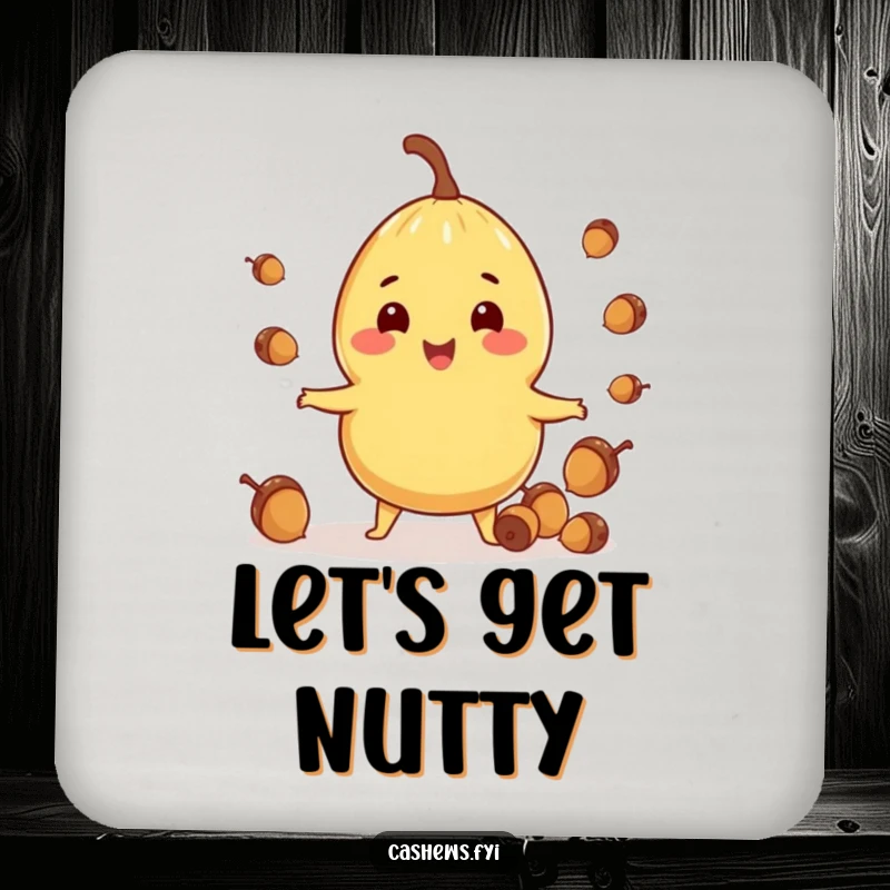 Funny drink coaster showing a cashew character cheerfully juggling acorns, bringing nutty humor to surfaces.