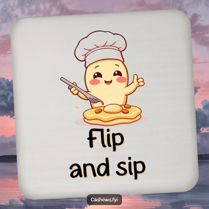 Funny drink coaster featuring a kawaii cashew chef dramatically flipping a pancake, offering charming and humorous surface protection.