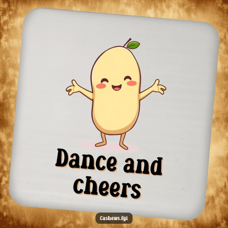 Funny drink coaster featuring a kawaii cashew doing a silly dance with arms outstretched, beaming, offering charming and humorous surface protection.