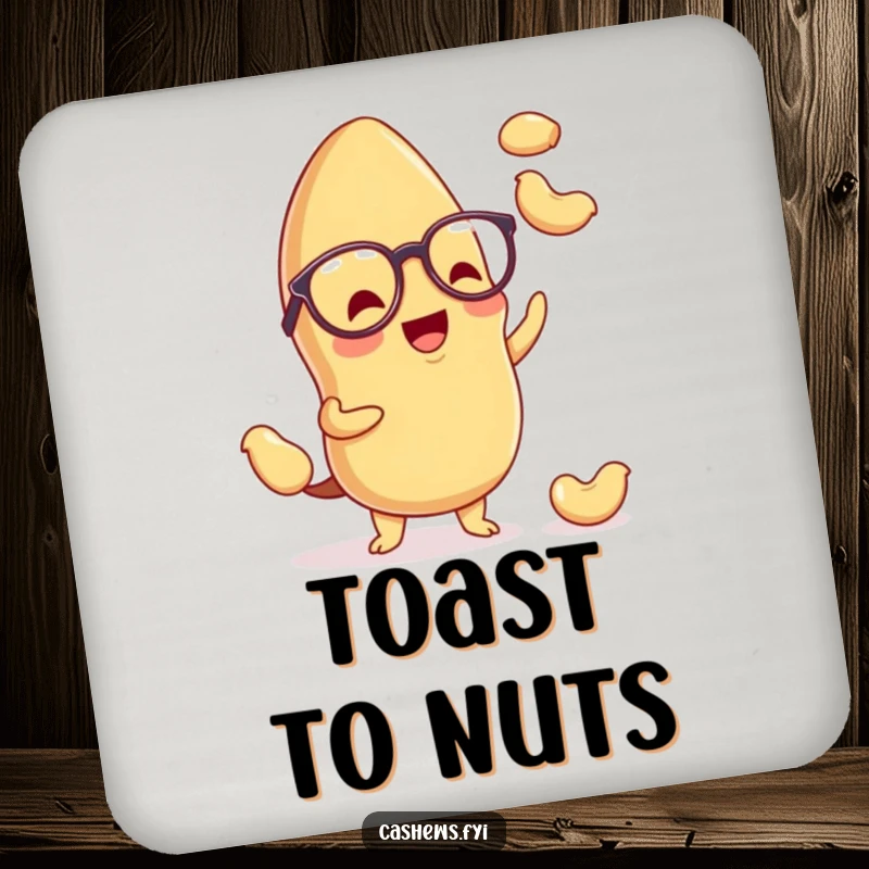 Funny kawaii cashew drink coaster featuring a cute nut with spectacles, juggling tiny cashews, adding humor and protection.