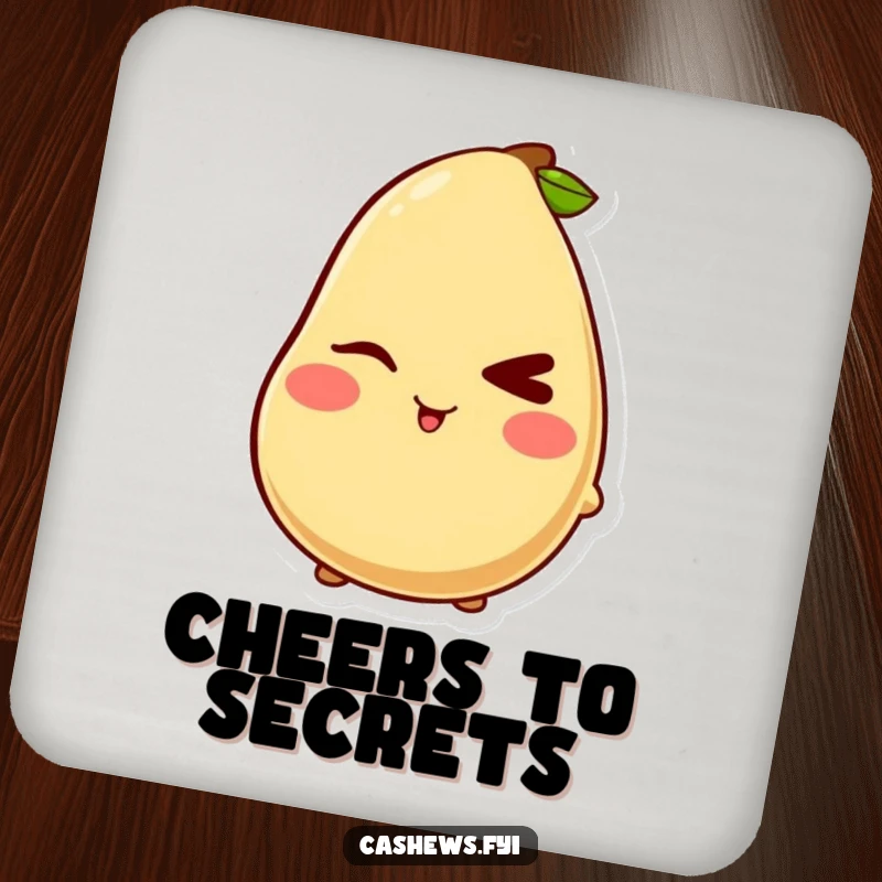 Funny drink coasters featuring a kawaii cashew character giving a mischievous wink, perfect for adding playful humor to tables.