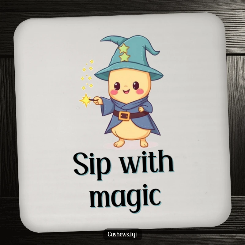 Funny set of 4 coasters with a Kawaii cashew wizard conjuring sparkling cashew dust from a wand, offering magical table protection.