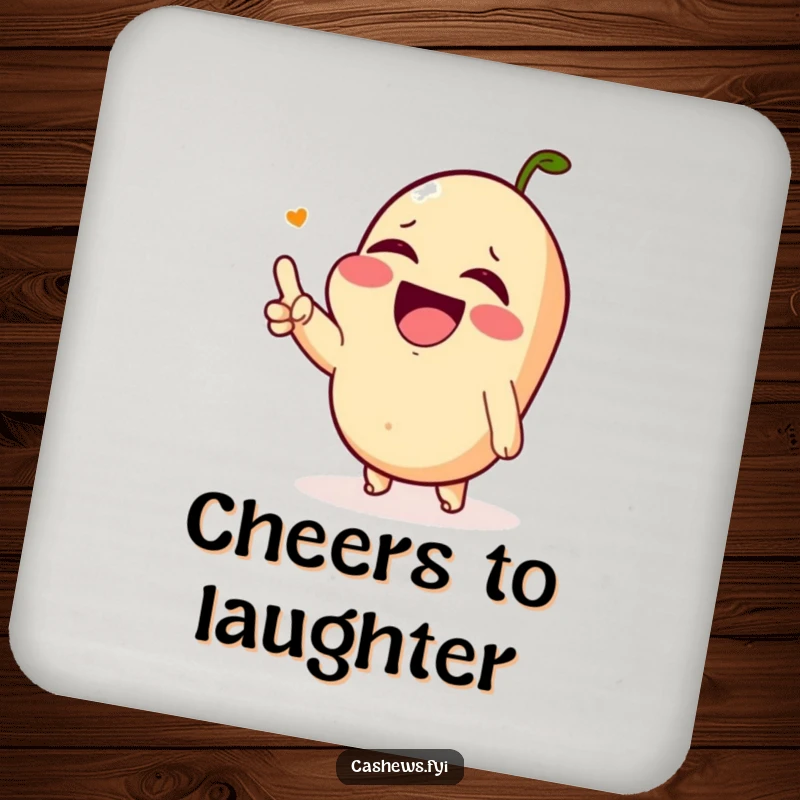 Funny set of 4 coasters with a Kawaii cashew laughing hysterically with watering eyes, offering humorous table protection.
