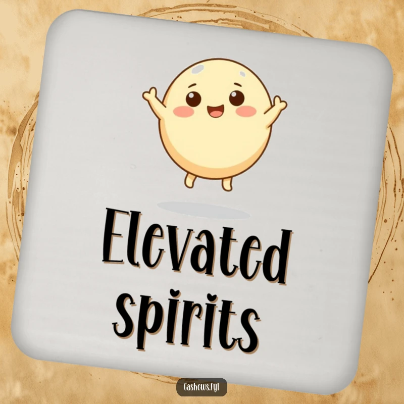 Funny drink coaster depicting a round cashew character with tiny legs leaping upwards, adding cheerful decor.