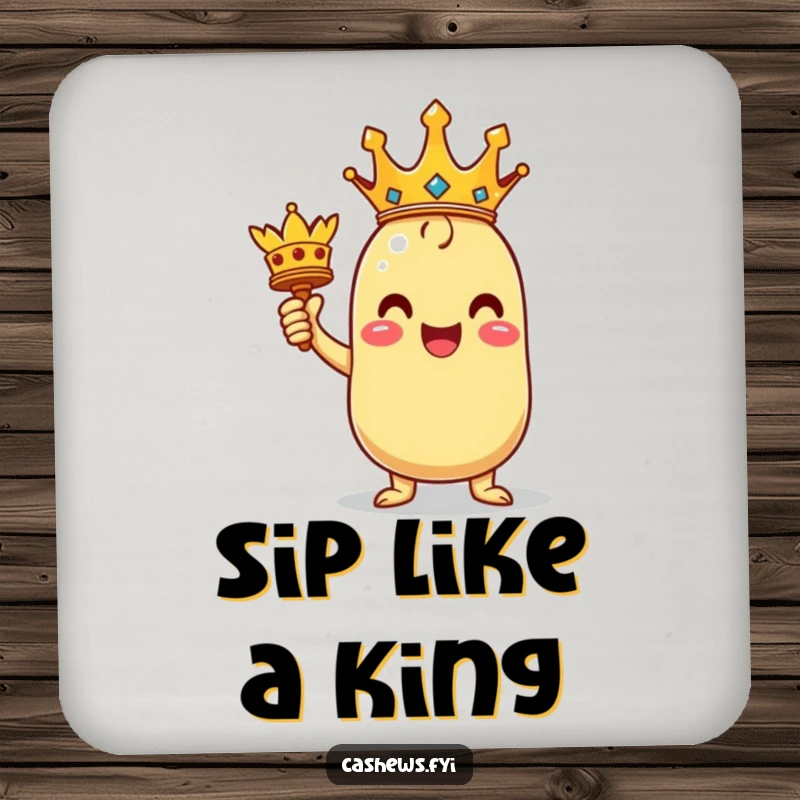 Funny drink coaster featuring a triumphant kawaii cashew character holding a miniature crown, adding regal and humorous style.