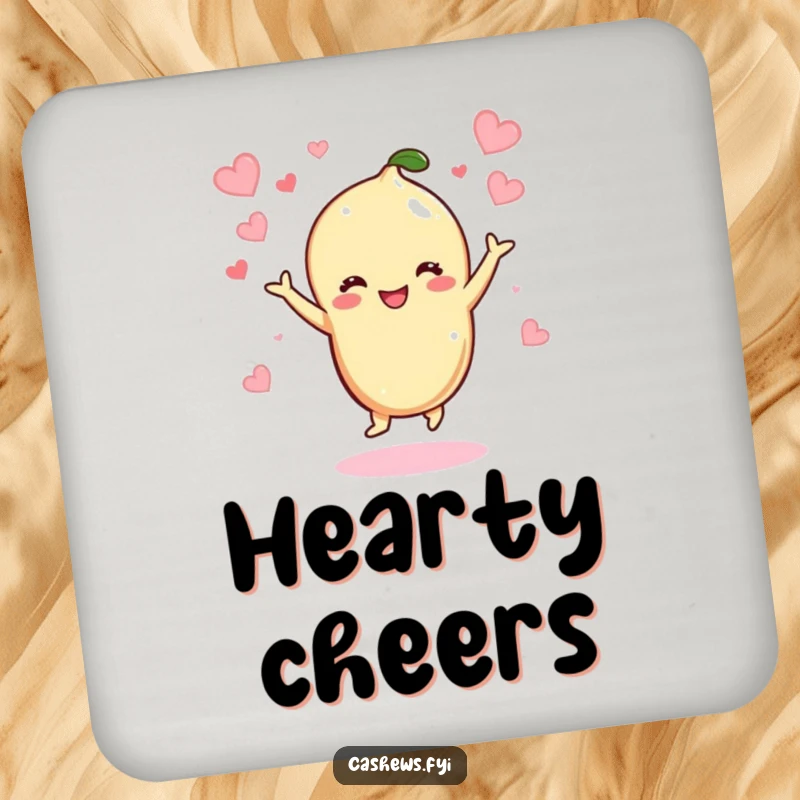 Funny Kawaii Cashew Coaster: A coaster featuring a cashew character dancing joyfully, surrounded by hearts, bringing a fun and festive vibe.