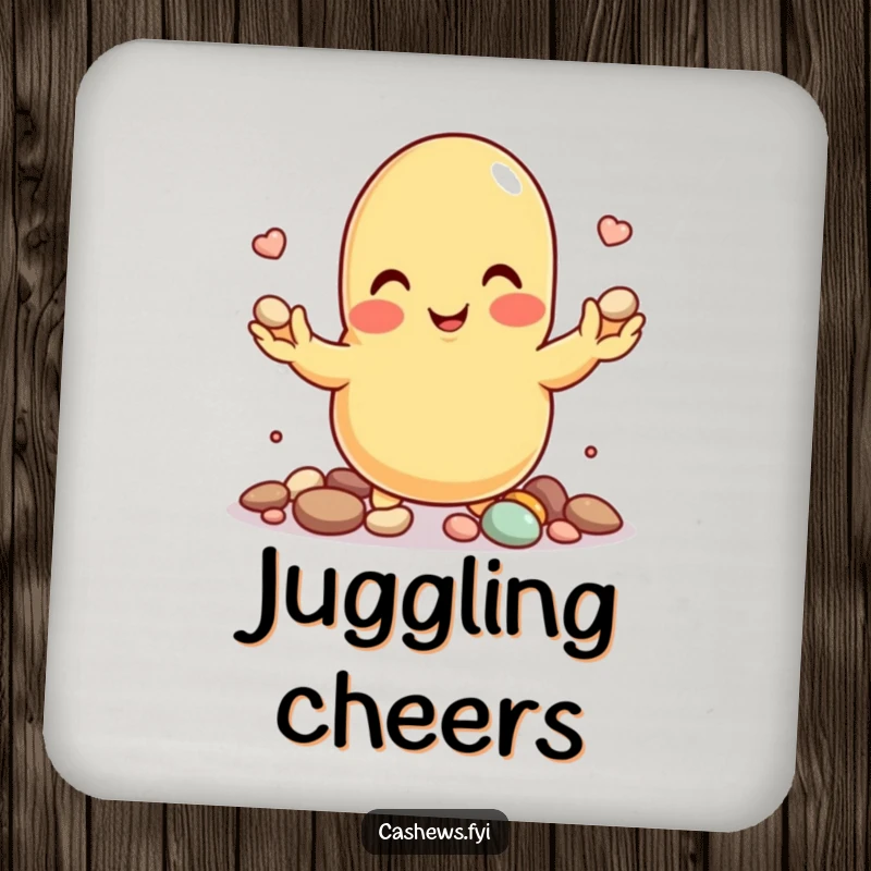 Funny drink coaster showing a cashew nut character smiling while juggling tiny pebbles.