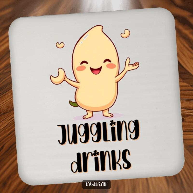 Funny drink coaster depicting a smiling cashew character juggling three tiny cashew nuts, adding skillful decor.