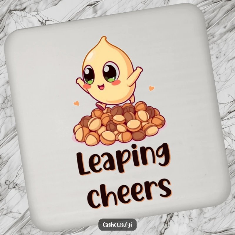 Funny drink coaster featuring a kawaii cashew with large eyes, leaping over nuts, offering adorable and humorous surface protection.