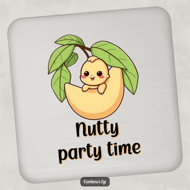 Funny cashew coasters with a character riding a giant husk, protecting furniture with joyful nutty adventure humor.