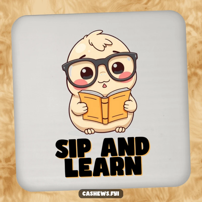 Funny Coasters: A cashew with oversized glasses reads a tiny book, adding scholarly humor to protect surfaces from drinks.