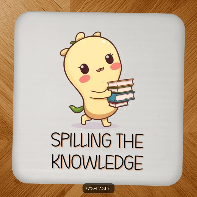 Funny drink coaster featuring a kawaii cashew character tripping slightly with books, adding a touch of playful clumsiness.