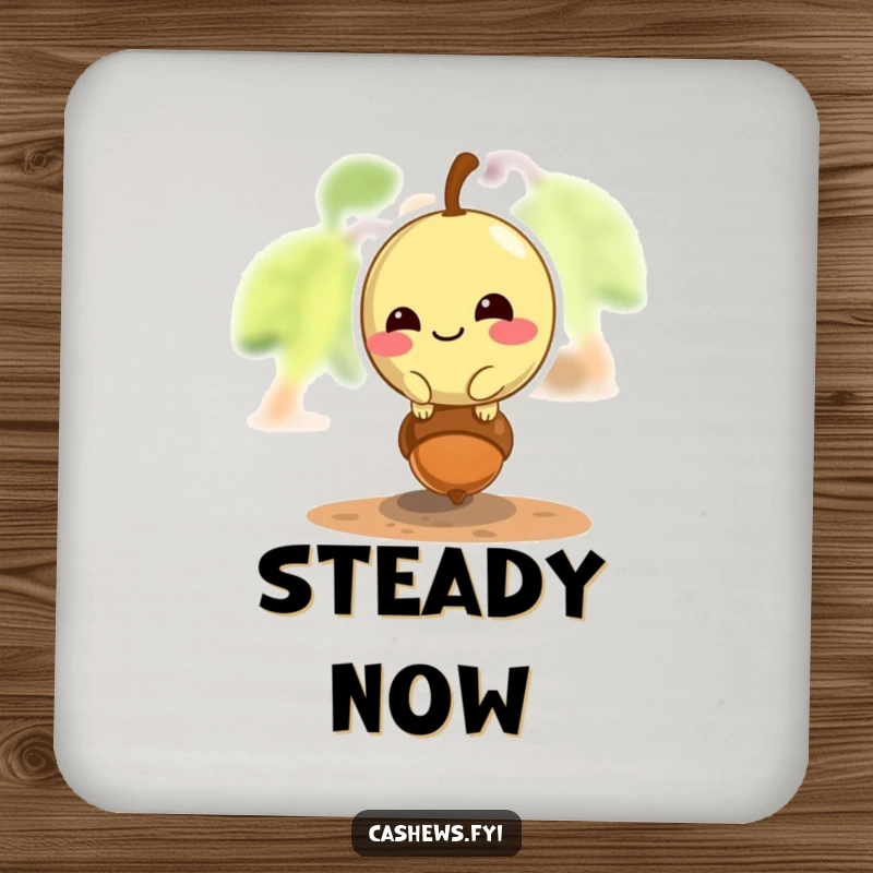 Funny cashew coaster featuring a mischievous cashew balancing on a tiny acorn, adding humor to table protection.