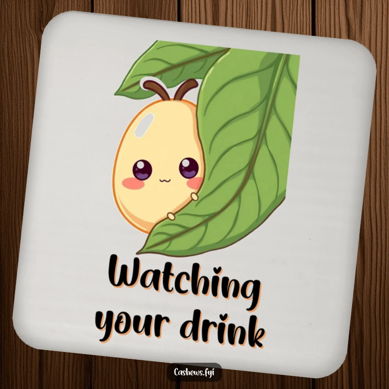 Funny Coasters: A cashew with googly eyes peeks from behind a leaf, adding playful humor to protect surfaces from drinks.