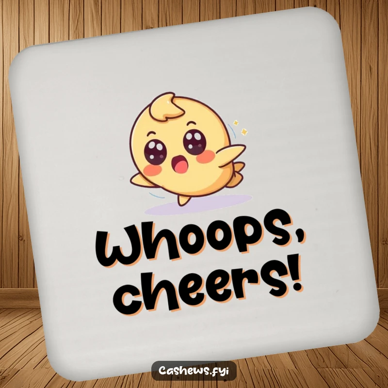 Funny drink coaster featuring a cashew character tripping slightly but landing gracefully with a surprised, wide-eyed expression, protecting surfaces humorously.