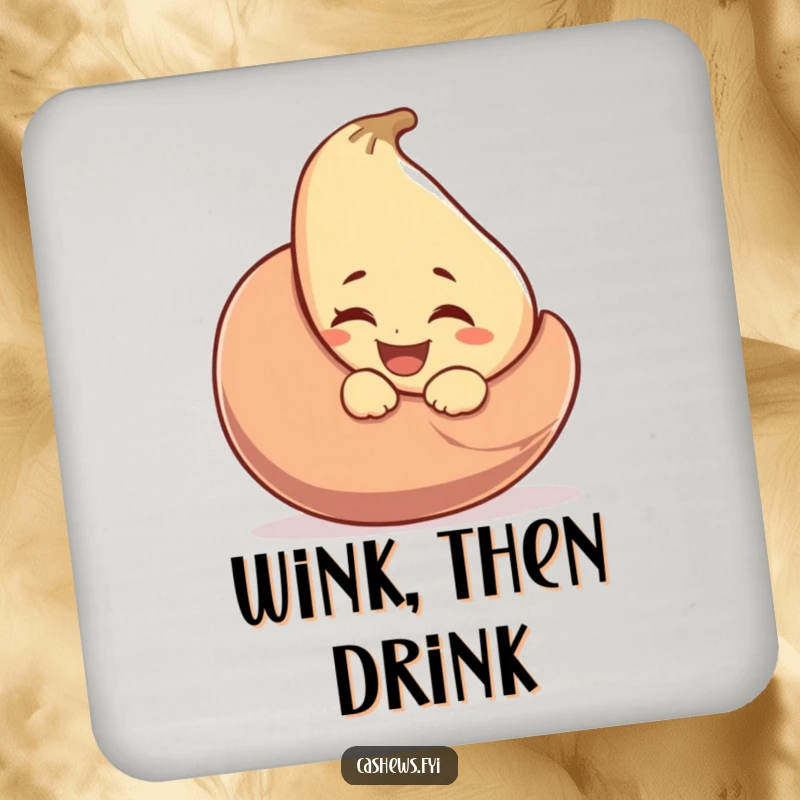 Funny drink coaster featuring a laughing cashew winking from behind a large cashew nut, adding playful charm and surface protection.