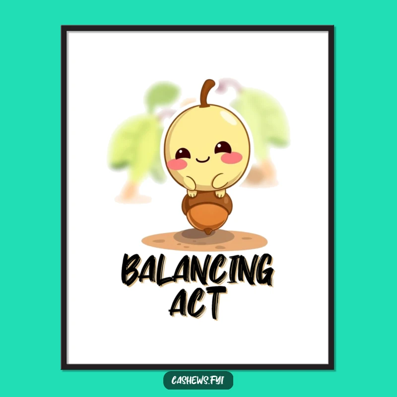 Funny Cashew Acrobat Poster: Mischievous Cashew Balancing Acorn Art Print