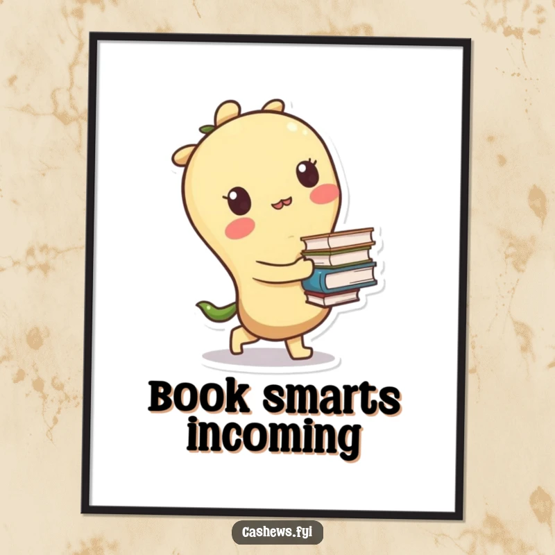 Funny poster art of a kawaii cashew character tripping while precariously holding a stack of books, capturing a moment of endearing clumsiness.