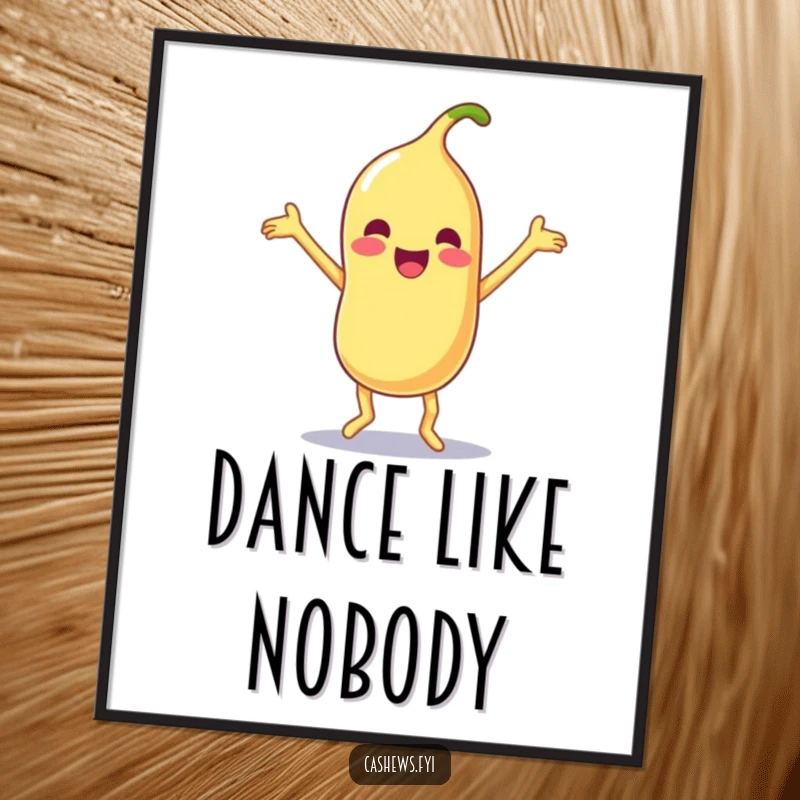 Funny poster of a Kawaii cashew doing a silly dance with limbs flailing joyfully, perfect for energetic and humorous wall decor.