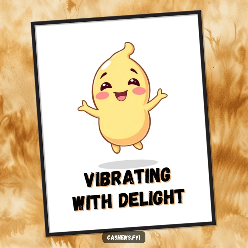 Funny poster art of a cashew character gleefully bouncing high, capturing a moment of pure, unadulterated joy and energy.