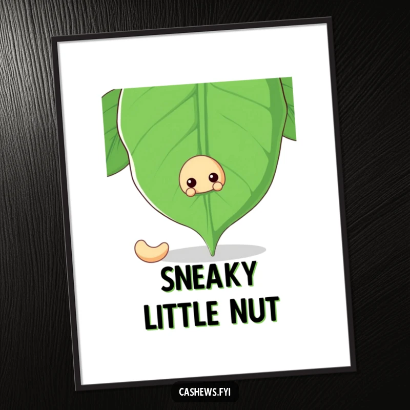 Funny poster depicting a cashew nut peeking from behind a large cashew leaf, capturing a moment of playful secrecy in nature.
