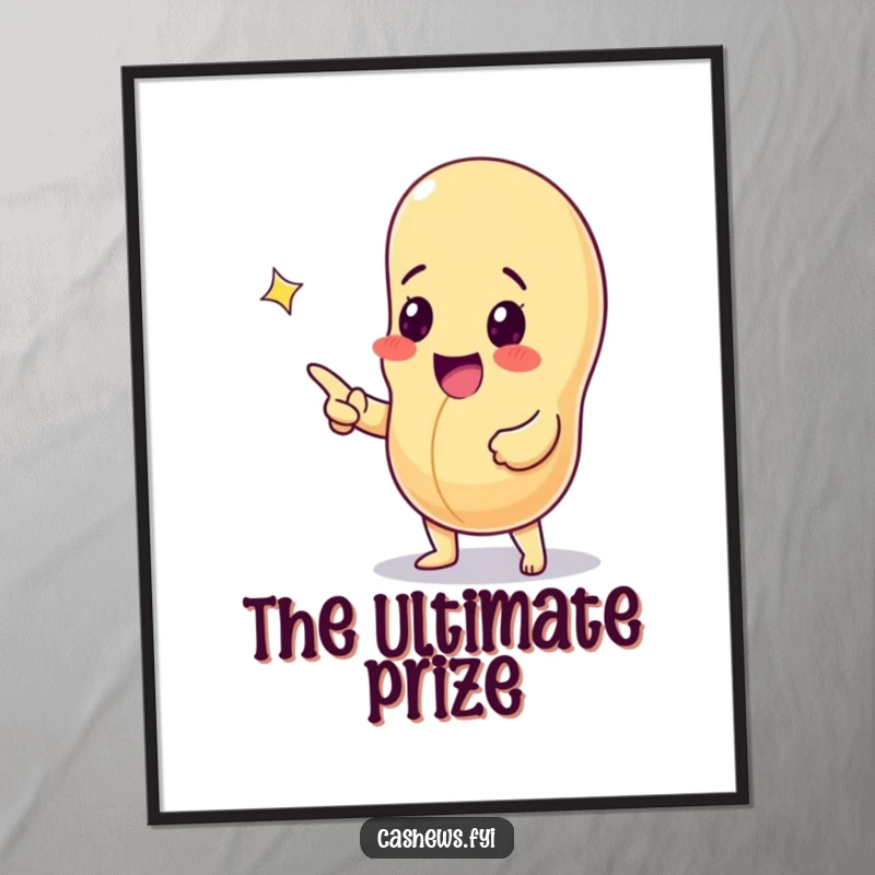 Funny poster capturing an excited cashew nut pointing at a sparkling gem, symbolizing joy, discovery, and precious finds.