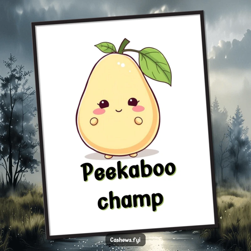 Funny cashew character peeking from behind a giant, smiling cashew on a poster, evoking playfulness, perfect funny gift.