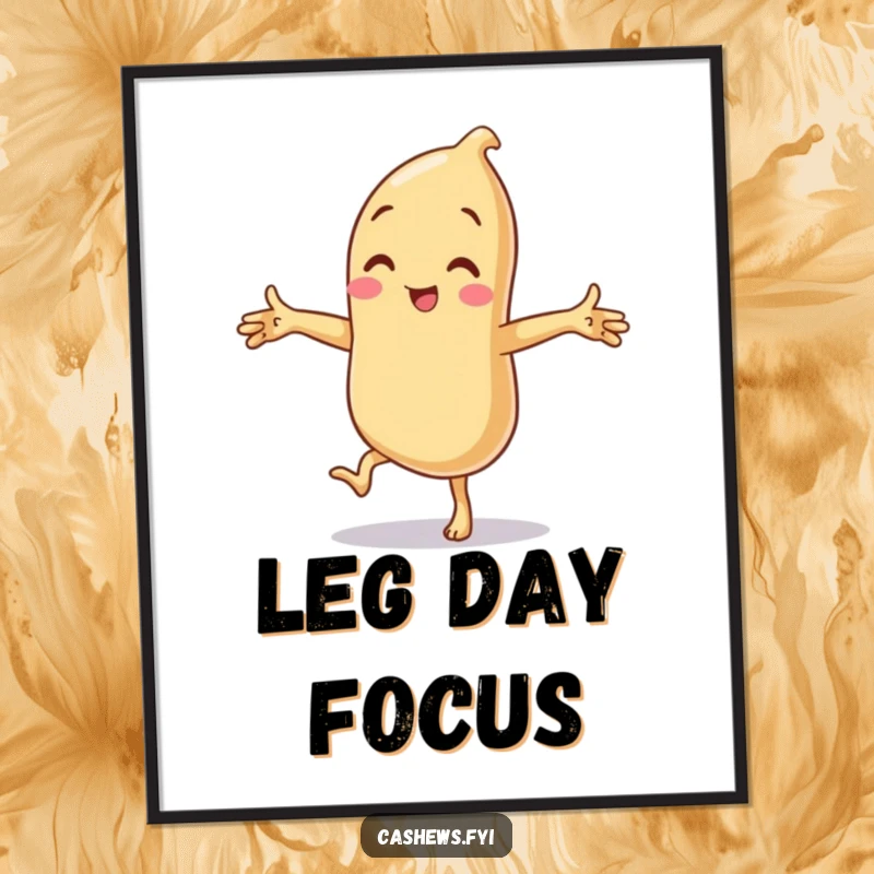 Funny poster depicting a cashew in a hilariously unstable one-legged pose, arms wide, ready for a comical tumble.