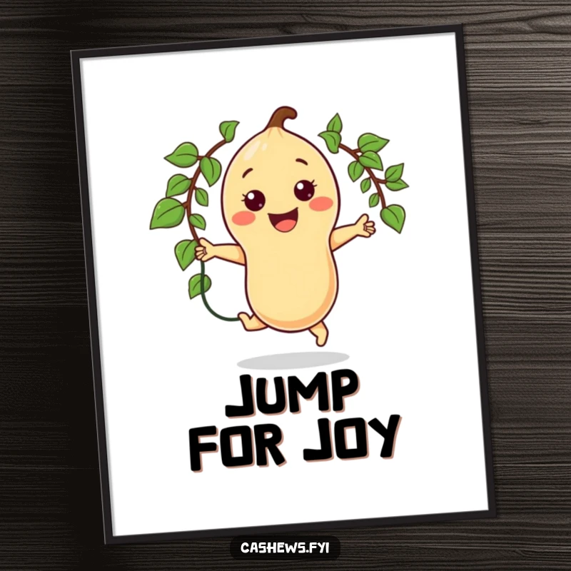 Funny wall poster of a smiling kawaii cashew character jumping rope with a vine, radiating infectious energy and fitness fun.