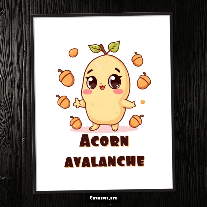 Funny poster print of a kawaii cashew character with wide eyes, gleefully juggling acorns, conveying pure happiness and adorable energy.